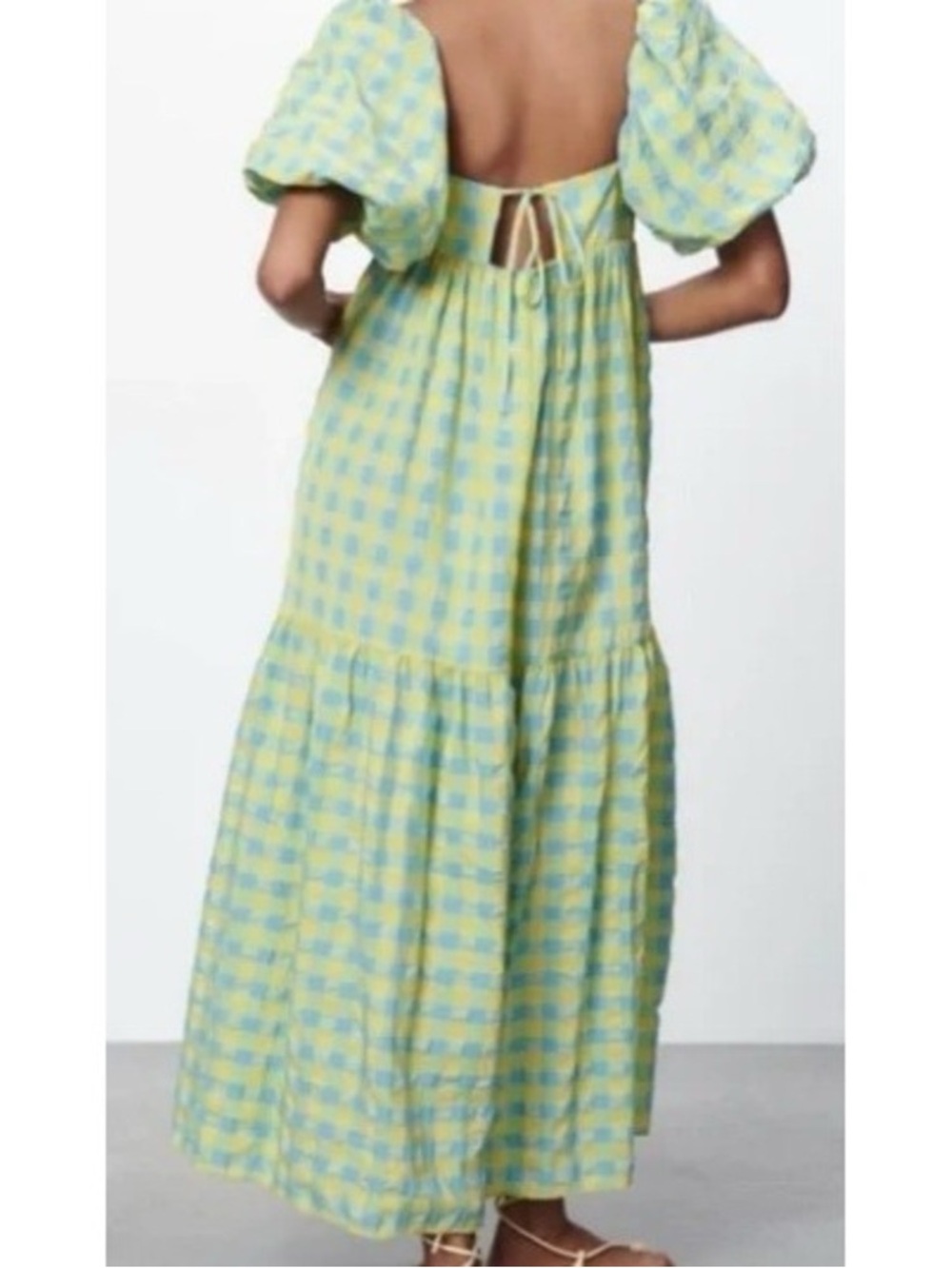 Zara Blue Yellow Gingham Plaid Seersucker Midi Maxi Dress XS - Picture 3 of 16